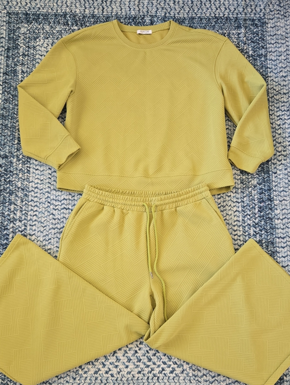 Double Take Textured Women's Wide Leg Sweat Set In Green